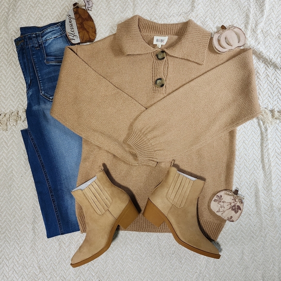 BiBi Tan Boho Button-Collar Bubble Sleeve Sweater Shacket Jacket - Picture 1 of 3